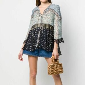 Dorothee Schumacher Silk Blend Energetic Boho Bell Sleeve Blouse 10 Blue